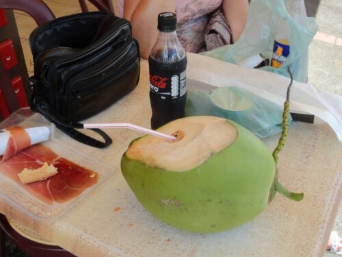 Ferien Guadeloupe 2014 - ein Drink aus der Kokosnuss